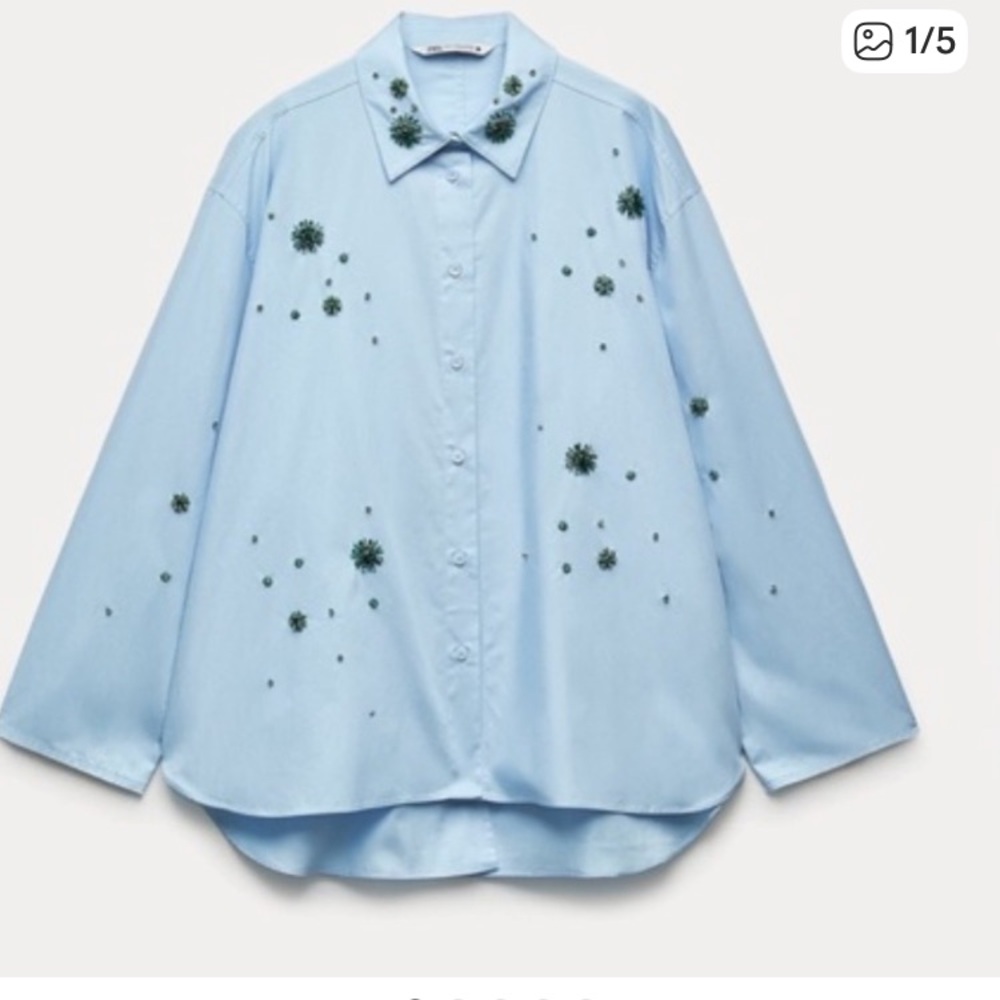Zara Blue Button Down Shirt with Floral Embroidery blogger favorite